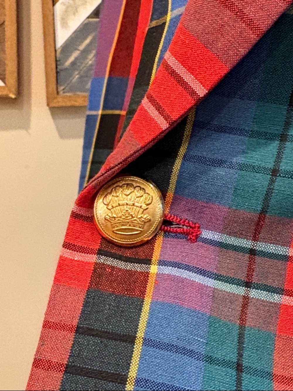 Vintage Ralph Lauren 80s Red Multi Plaid Double-Breasted Blazer Gold Buttons - Picture 6 of 16